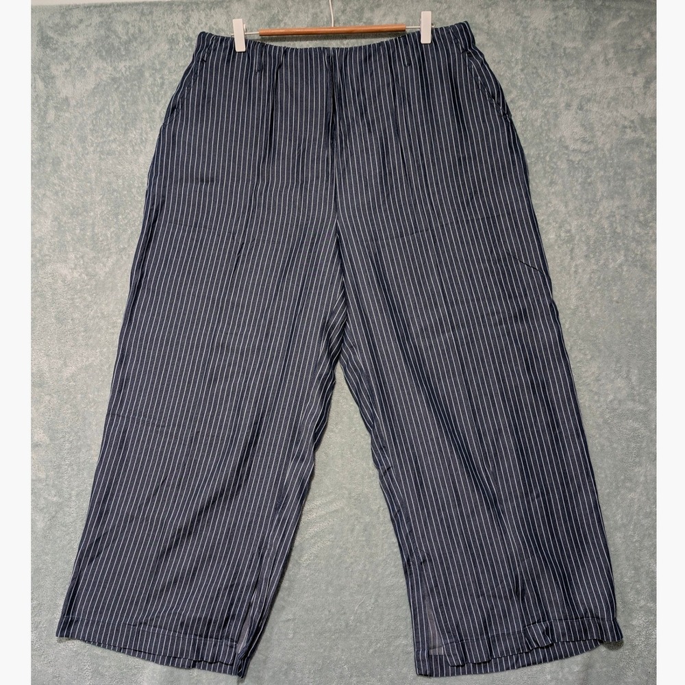 Lysse New York Pinstripe Side Pockets Wide Leg Cropped Pants Navy Blue White 1X